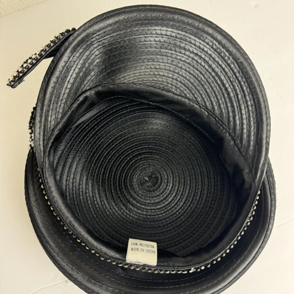 Satin Black Beret Cap Hat  w / Rhinestones